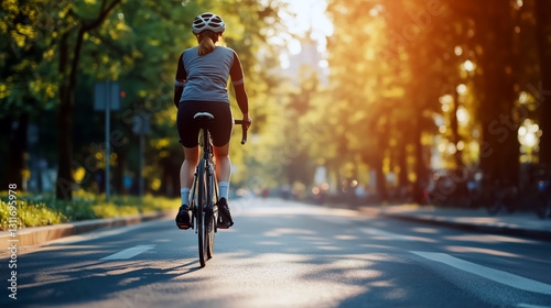 Cyclist in protective helmet and sportswear riding bicycle in park, back view. Healthy lifestyle concept