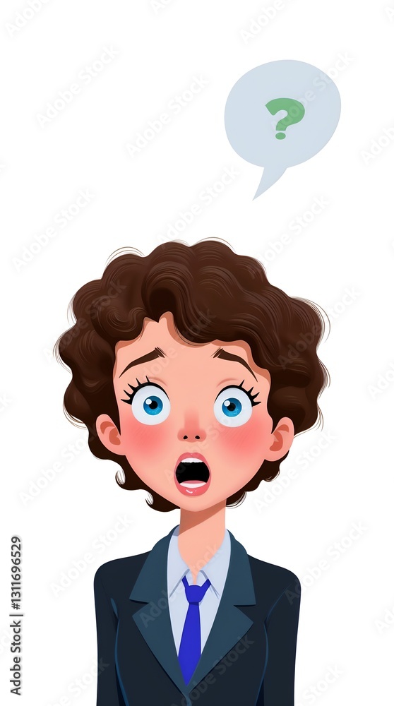 Digitally illustrated character with blue eyes, curly brown hair, and a puzzled expression. A green question mark speech bubble hovers above on a white background. Digitally illustrated character with blue eyes, curly brown hair, and a puzzled expression. A green question mark speech bubble hovers above on a white background.