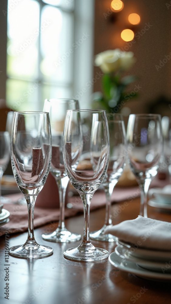A Collection of Elegant Glassware on a Polished Table, Perfect for Marketing Beverage Companies and Event Planning A Collection of Elegant Glassware on a Polished Table, Perfect for Marketing Beverage Companies and Event Planning