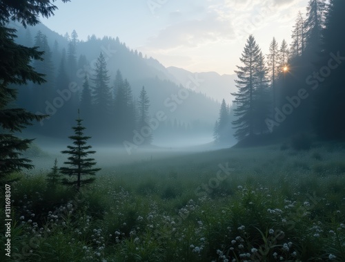 Misty morning landscape with mountains and evergreen trees in the early light