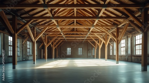 Spacious industrial loft interior with wooden beams, high ceilings, and large windows.