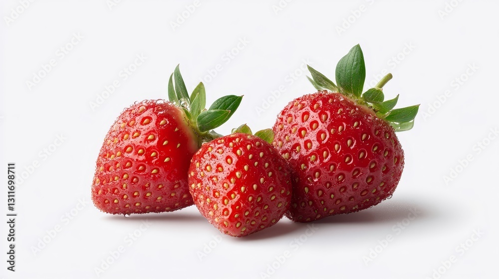 Fresh Red Strawberries with Water Droplets on White Background Fresh Red Strawberries with Water Droplets on White Background