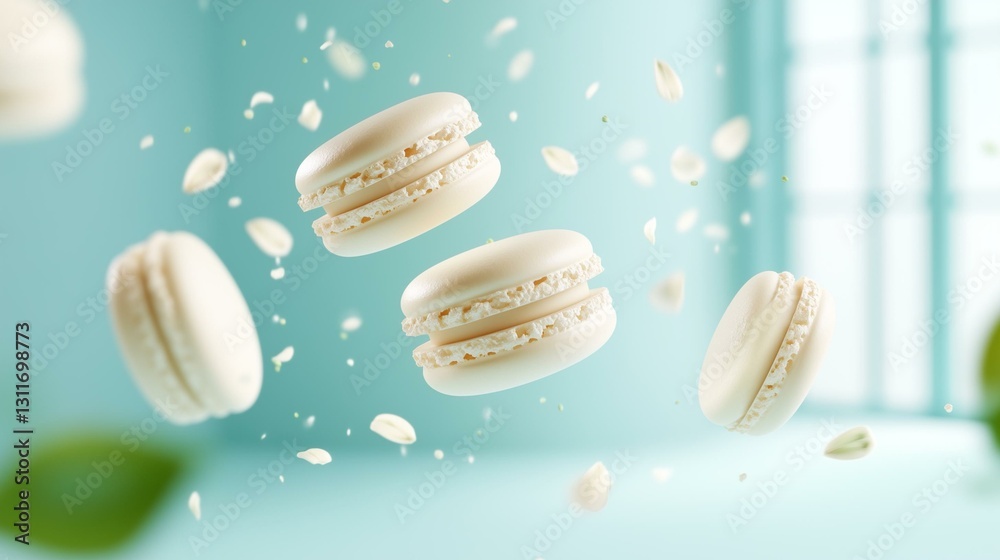 Fototapeta premium White Macarons Floating with Petals