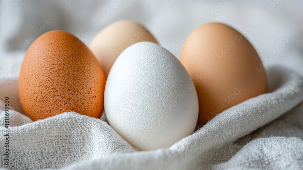 Four eggs in varying shades of brown and white rest on soft fabric Four eggs in varying shades of brown and white rest on soft fabric
