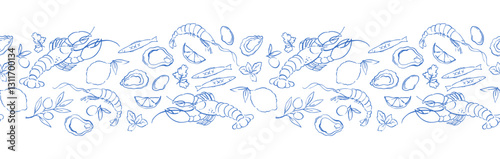 Horizontal vector pattern of seafood shrimps, oysters, lobster, lemons and olives. Mediterranean Dolce Vita style vintage illustrations for food, suitable for restaurant and marine cafe menu