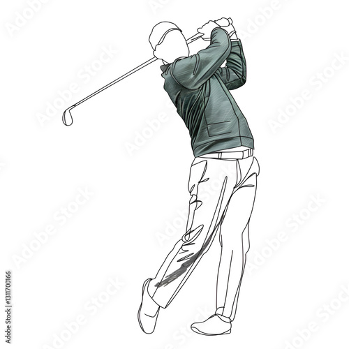 A pencil drawing of a golfer swinging. The swing motion is expressed clearly and smoothly. Pencil sketch.