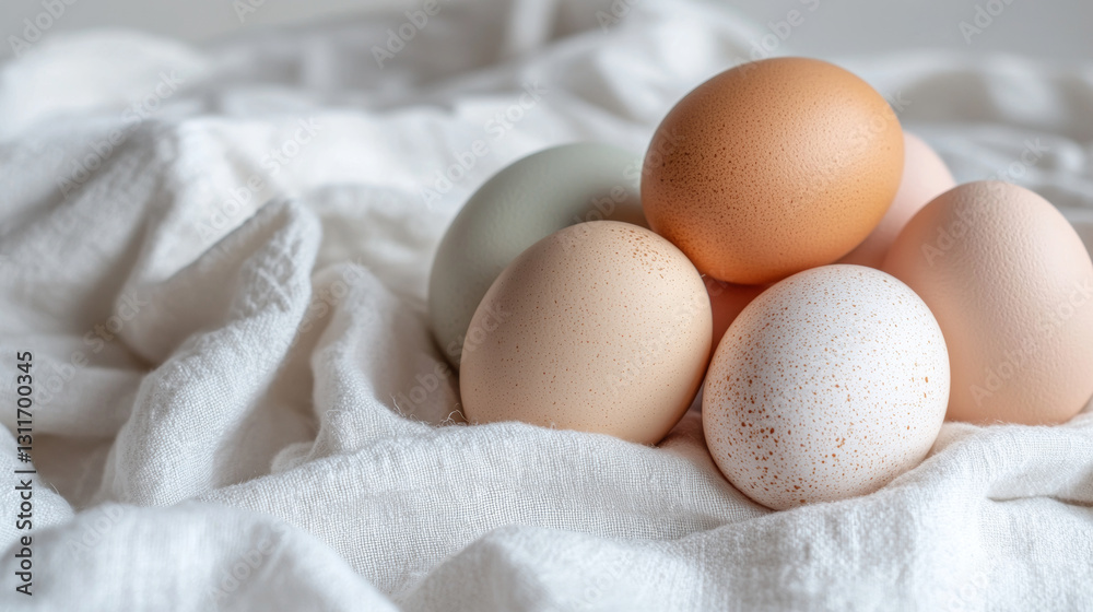 Eggs in soft pastel colors rest on textured white linen cloth, creating serene and natural display Eggs in soft pastel colors rest on textured white linen cloth, creating serene and natural display