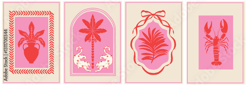 Vector trendy minimalist posters with a summer vibe. Features a palm tree silhouette, frames, and lobsters. Hand-drawn la dolce vita doodles. Pink and red colors.