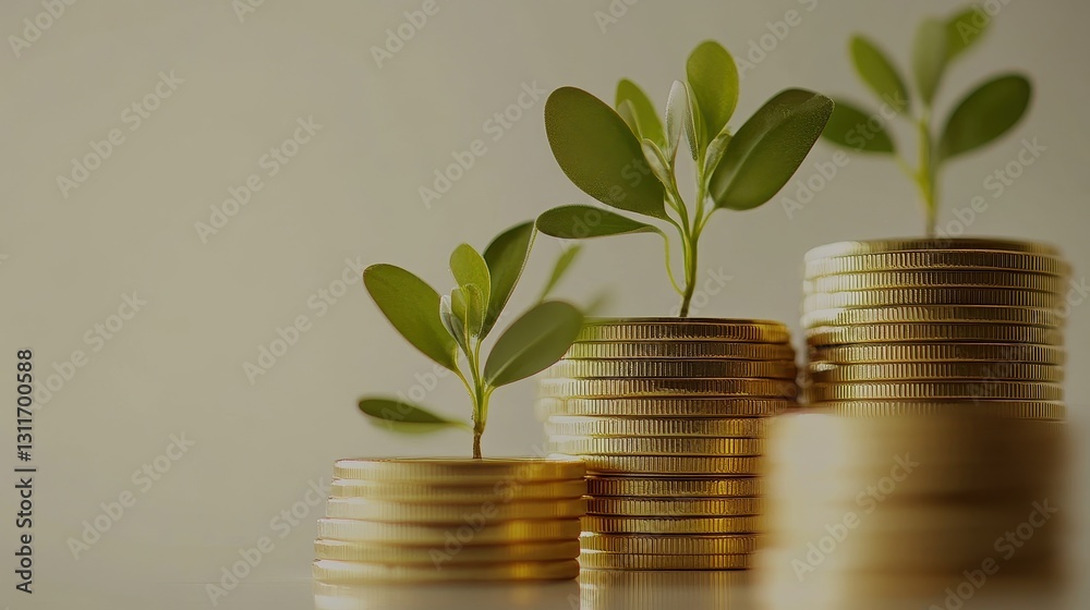 A conceptual image of financial growth featuring stacked gold coins with small green plants sprouting, set against a clean white background, symbolizing smart investment and wealth accumulation.