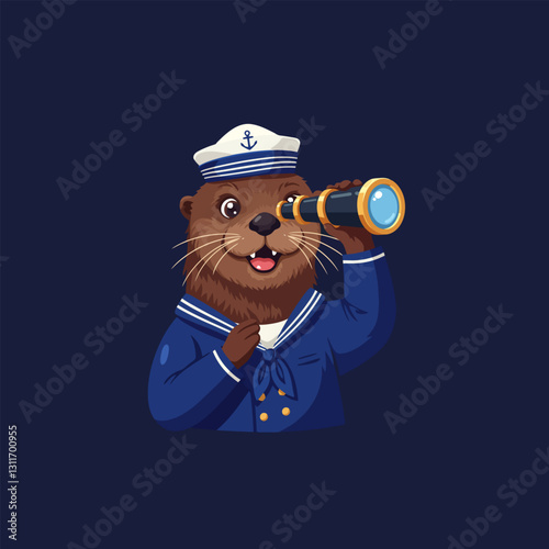 Cartoon Otter Looking Through Spyglass Wearing a Sailor Costume Outfit
