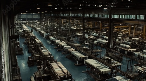 Wallpaper Mural Large-scale textile manufacturing plant, with weaving machines and rows of industrial looms creating fabric patterns. Torontodigital.ca