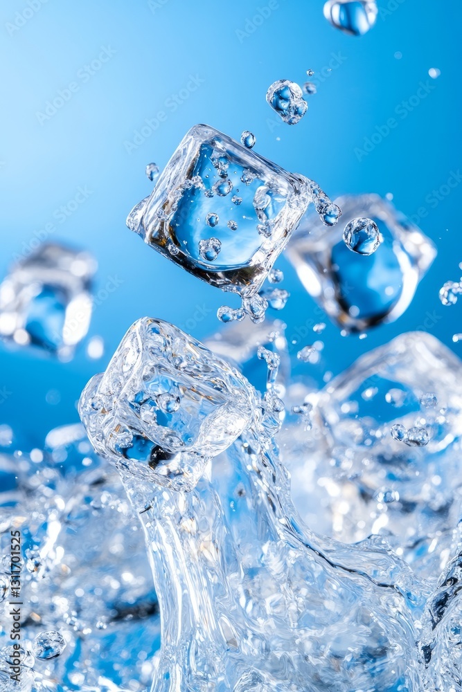 Ice cubes splashing into cool, refreshing water, creating a dynamic and thirst quenching visual Ice cubes splashing into cool, refreshing water, creating a dynamic and thirst quenching visual