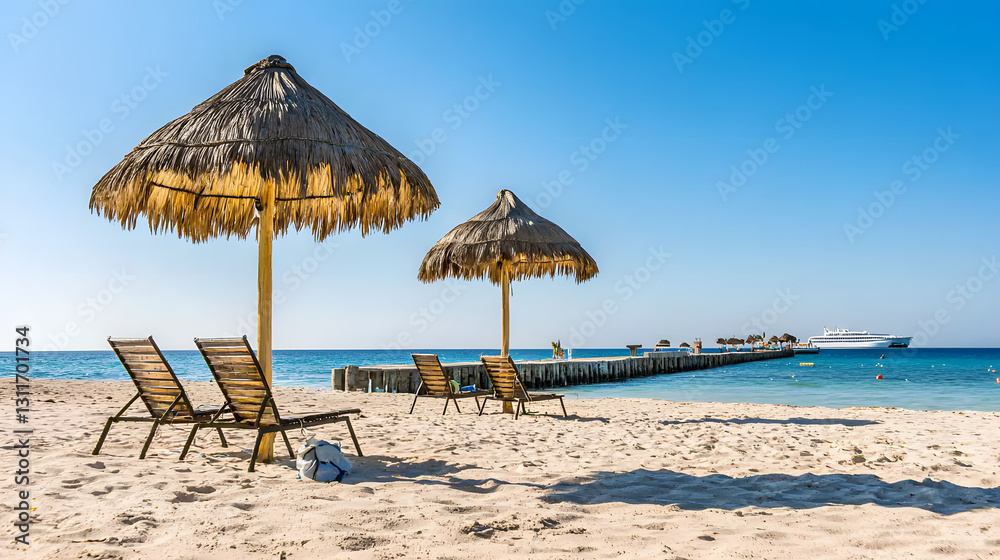Tropical paradise vacation scene featuring a wooden jetty extending into the turquoise waters of Isla Mujeres, Mexico, with clear skies and a serene ocean view.
Tropical paradise vacation scene featuring a wooden jetty extending into the turquoise waters of Isla Mujeres, Mexico, with clear skies and a serene ocean view.
