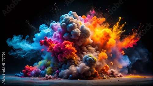 Vibrant Explosion: Colorful Smoke and Debris Burst Against Black Background - Stock Photo