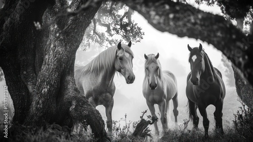 Misty forest horses, peaceful scene, tranquil moment, nature's embrace, serene beauty, tranquil nature, woodland landscape photo