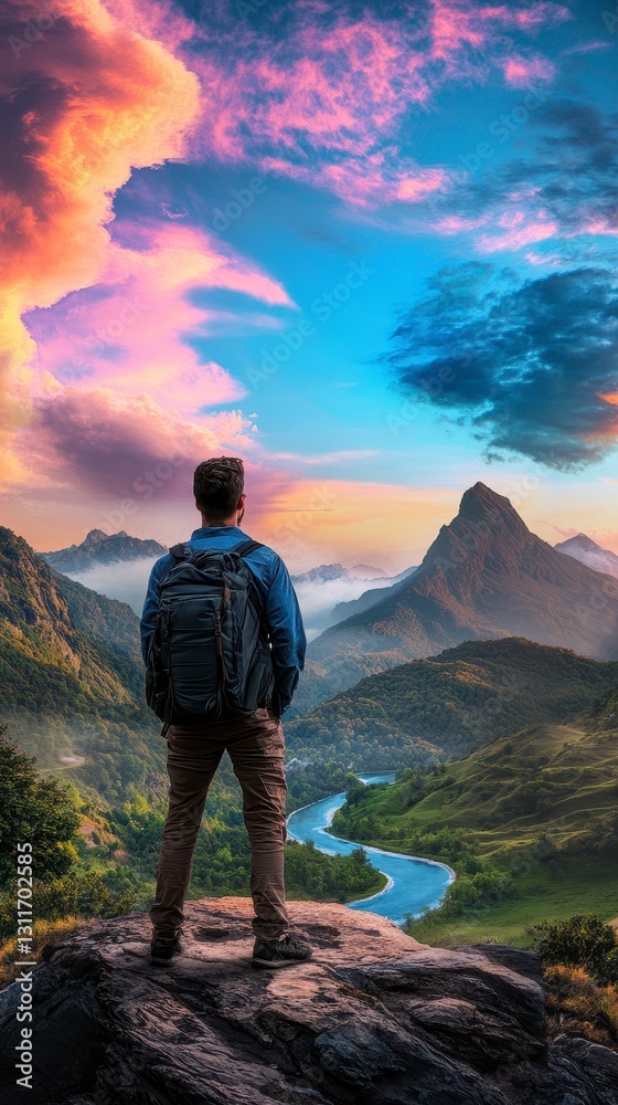 Fototapeta premium Hiker on Mountaintop at Sunrise Panoramic View of Lush Valley and Winding River