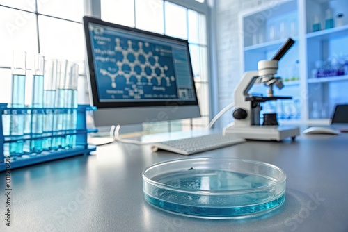 Modern laboratory with petri dish and microscope