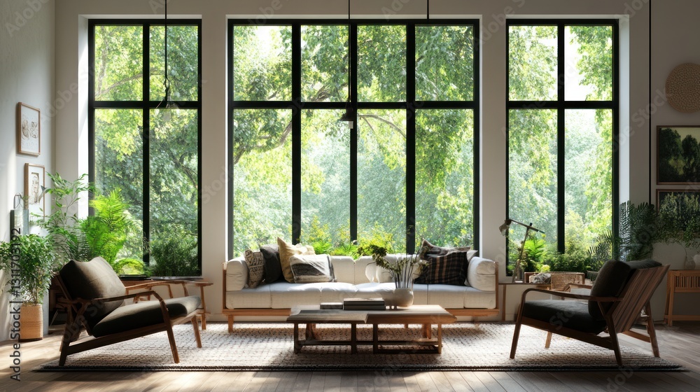 Modern living room with large windows overlooking trees. Interior design concept. Possible use Home decor inspiration Modern living room with large windows overlooking trees. Interior design concept. Possible use Home decor inspiration