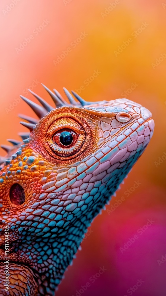Vibrant Lizard Close Up Orange, Blue and White Scales Vibrant Lizard Close Up Orange, Blue and White Scales