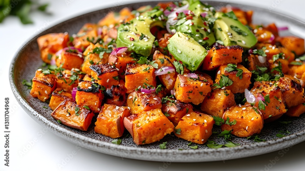 Elegant presentation of sweet potato breakfast hash on a plate showcasing fresh ingredients and flavorful appeal Elegant presentation of sweet potato breakfast hash on a plate showcasing fresh ingredients and flavorful appeal