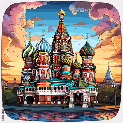 Saint Basil's Cathedral hand-drawn comic illustration. Cathedral of Vasily the Blessed. Vector doodle style cartoon illustration