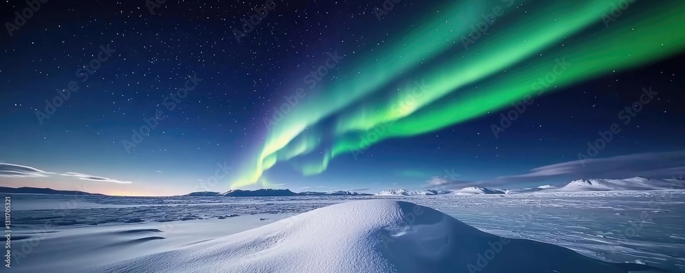 Naklejka premium Aurora borealis northern lights idea. Breathtaking northern lights illuminate a serene snowy landscape at night.