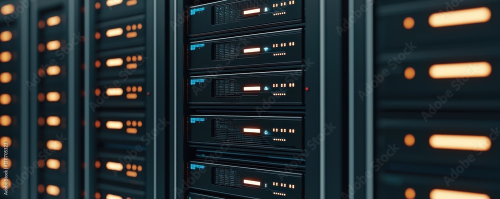 Modern Data Center Server Rack Network Hardware IT Infrastructure Close Up View Modern Data Center Server Rack Network Hardware IT Infrastructure Close Up View