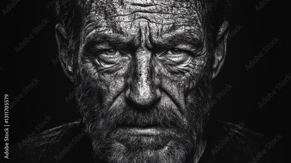 A striking black and white portrait capturing a weathered man's intense gaze, highlighting age and resilience through deep textures and contrasts. A striking black and white portrait capturing a weathered man's intense gaze, highlighting age and resilience through deep textures and contrasts.
