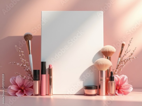 Lienzo elegante y limpio enmarcado por productos de maquillaje y pinceles de belleza, perfecto para anuncios de marcas cosméticas
 photo