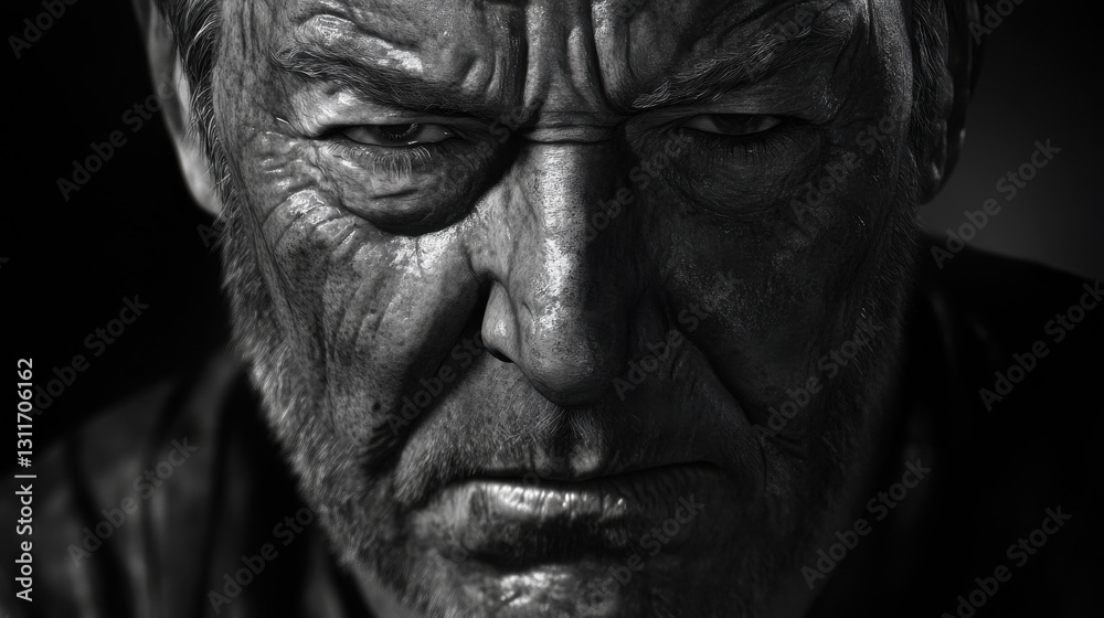 A striking black-and-white portrait highlighting deep wrinkles, conveying wisdom and intensity in a dramatic style. A striking black-and-white portrait highlighting deep wrinkles, conveying wisdom and intensity in a dramatic style.