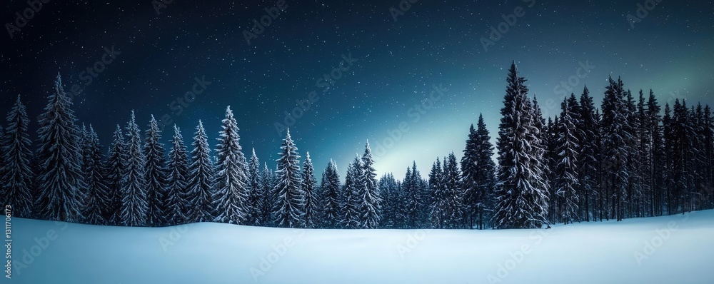 Fototapeta premium Aurora borealis northern lights idea. A tranquil winter landscape with snow-covered trees under a starry night sky.