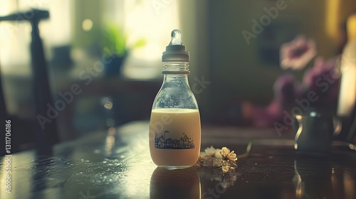 Delicate still life of a vintage baby bottle with fresh wildflower