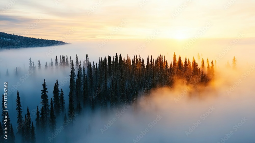 Iceberg melting concept. A breathtaking sunrise over a forest enveloped in mist, showcasing nature's beauty. Iceberg melting concept. A breathtaking sunrise over a forest enveloped in mist, showcasing nature's beauty.