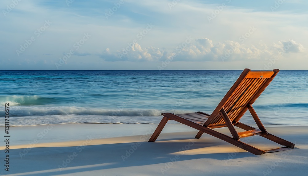Wooden Beach Chair on Sandy Shore with Calm Ocean and Blue Sky Wooden Beach Chair on Sandy Shore with Calm Ocean and Blue Sky