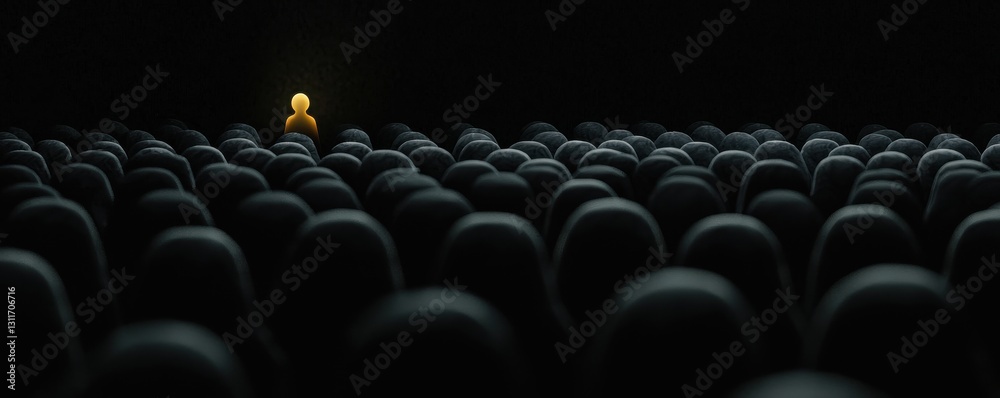 Obraz premium A solitary yellow figure stands out against a sea of dark, faceless shapes, evoking feelings of isolation and individuality in a stark environment.