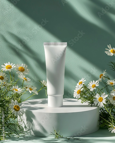 A minimalist white cosmetic tube displayed on a pedestal surrounded by daisies against a soft green background