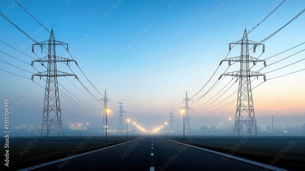 Intelligent energy grid system dynamically balancing power transmission across a dramatic futuristic highway landscape with towering electricity pylons and power lines at sunrise or sunset Intelligent energy grid system dynamically balancing power transmission across a dramatic futuristic highway landscape with towering electricity pylons and power lines at sunrise or sunset