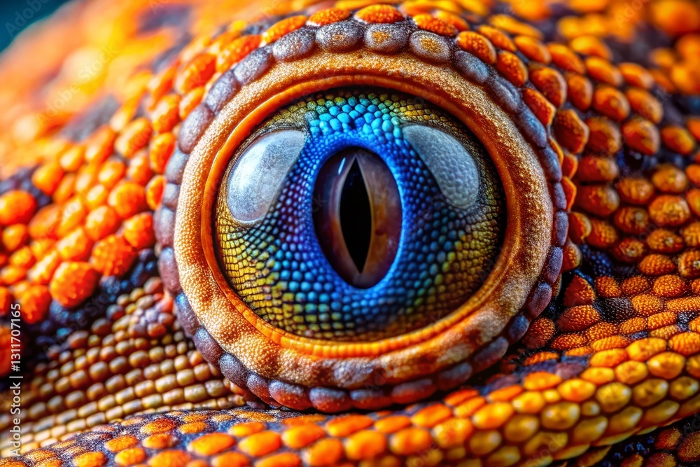 Obraz premium Vibrant Gecko Eye Close-up: Stunning Orange, Blue & Black Reptile Detail Drone Photography