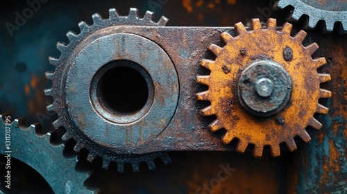 Rusted and weathered mechanical parts of an old factory machine, with textured metal surfaces and a dark industrial background. Copy space on the left.