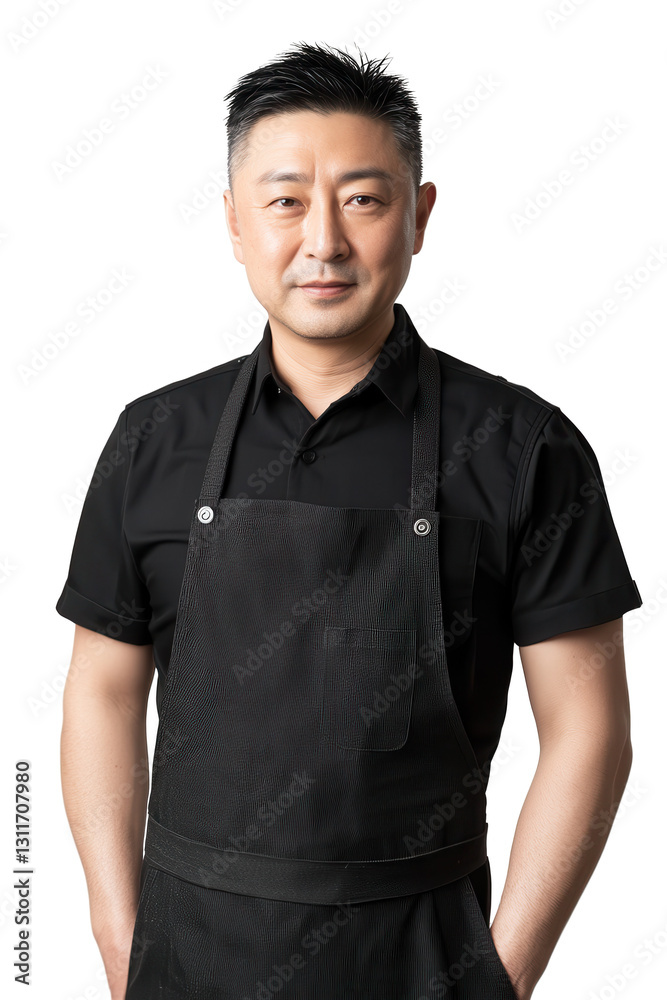 Chef standing confidently in black apron with arms crossed isolated on white background professional culinary expert portrait restaurant owner style. Chef standing confidently in black apron with arms crossed isolated on white background professional culinary expert portrait restaurant owner style.