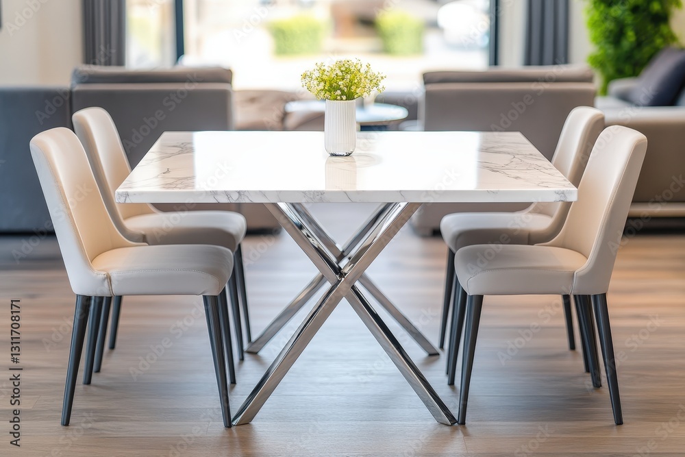 A modern dining table with six elegant chairs, adorned with a small vase of flowers, set in a bright, stylish interior. A modern dining table with six elegant chairs, adorned with a small vase of flowers, set in a bright, stylish interior.