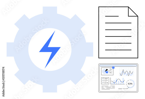 Gear with lightning bolt symbol, document, and data dashboard emphasizing optimization, analytics, and efficiency. Ideal for productivity, technology, automation, planning analysis innovation