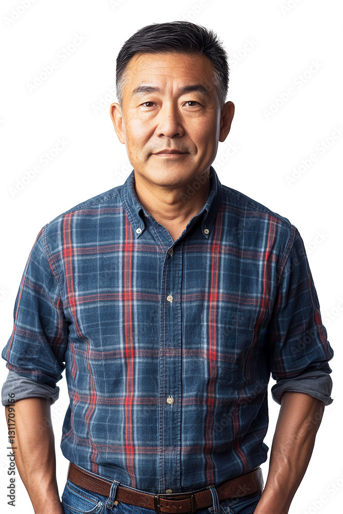 Man in plaid shirt standing with confidence on isolated white background, mature adult portrait, lifestyle concept, professional and casual appearance. Man in plaid shirt standing with confidence on isolated white background, mature adult portrait, lifestyle concept, professional and casual appearance.