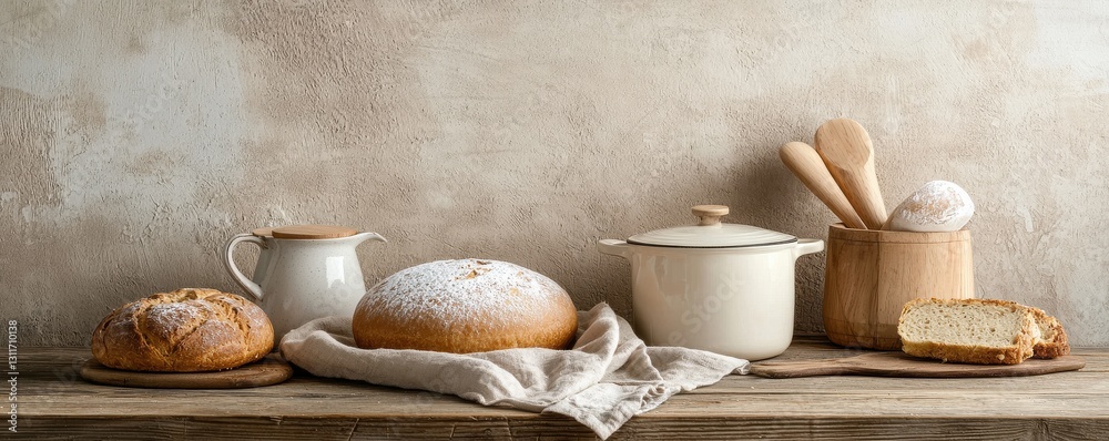 A rustic scene featuring freshly baked bread, a white pot, and utensils on a wooden table, evoking a warm, homey atmosphere. A rustic scene featuring freshly baked bread, a white pot, and utensils on a wooden table, evoking a warm, homey atmosphere.