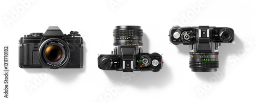 Top view of 35mm film camera, analog vintage classic retro style, isolated on a transparent background, PNG. High resolution.