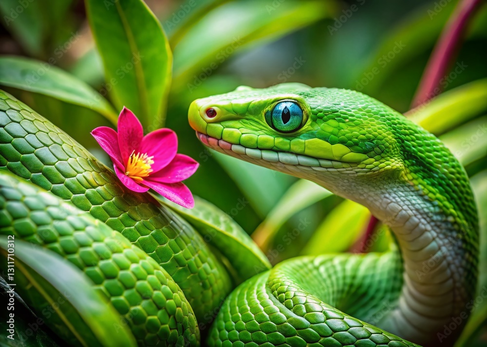 Obraz premium Vibrant Green Snake & Pink Flower in Lush Tropical Foliage - Stock Photo