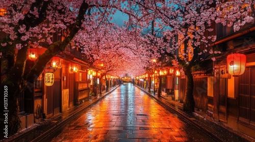 night cherry blossom street in japan