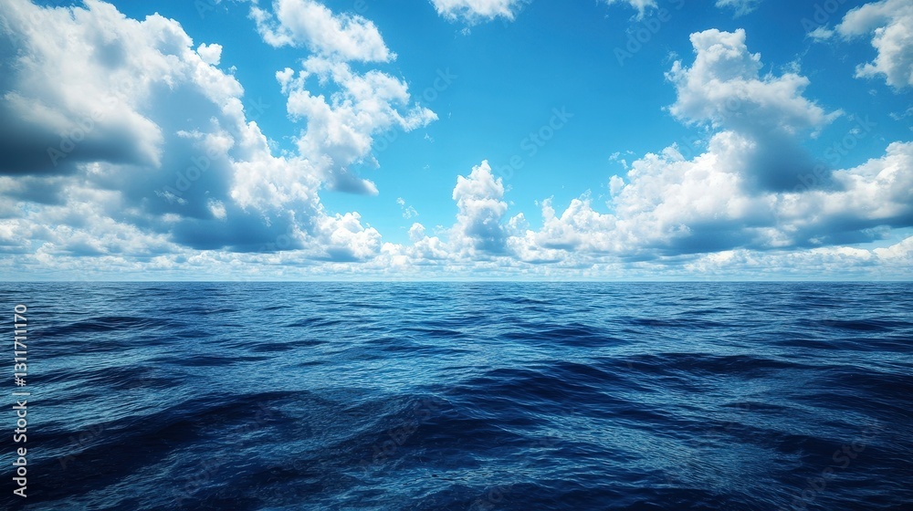 Fototapeta premium A serene ocean vista with deep, shimmering blues. Its smooth surface gently undulates, capturing subtle waves beneath the light's caress