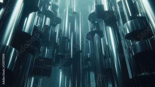 Steel pipes stacked in an industrial setting, showcasing uniformity and depth with a metallic finish.