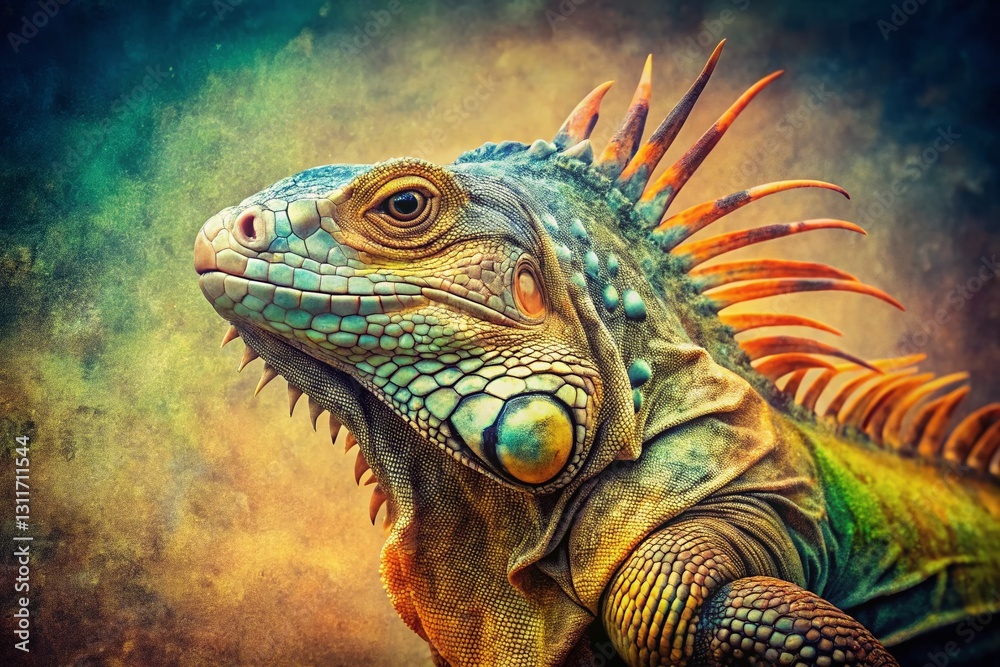 Fototapeta premium Vibrant Iguana with Spiky Crest - Vintage Style Stock Photo